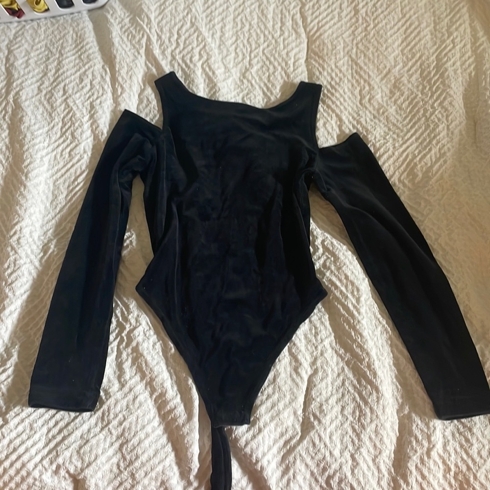 Black velvet cold shoulder bodysuit